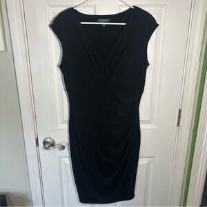 LAUREN RALPH LAUREN Dress Women 14 Black Stretch Ruched Sheath Flattering Career